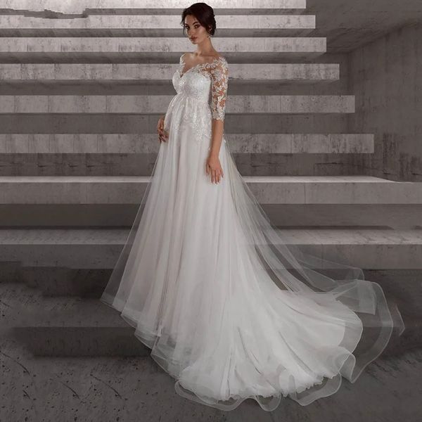 2024 Кружевное свадебное платье в стиле ампир для беременных с полурукавами и прозрачным круглым вырезом из мягкого тюля для беременных невесты, платья больших размеров Vestidos De Novia