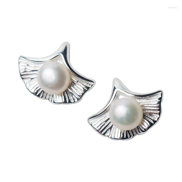 Orecchini a bottone in argento sterling 925 piccola foglia di ginkgo fresca perla d'acqua dolce per le donne gioielli penetranti alla moda dolce