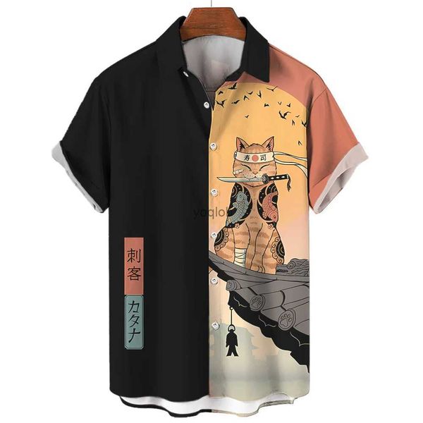 Herren-T-Shirts, lässiges Hawaii-Hemd, Mann, japanisches Bushido-3D-Muster, Herrenhemden, Cartoon-Tier, Katze, 3D-Druck, Herrenhemd, Herrenbekleidung