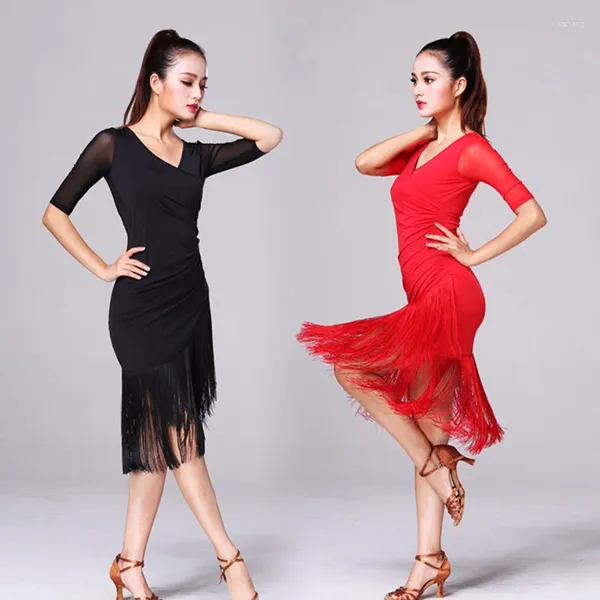 Bühnenkleidung Damen Latin Dance Kleid Frauen Schwarz Kostüme Quaste Salsa V-Ausschnitt Rumba/Samba Perform Fitness Dancewear