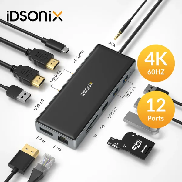 IDsonix USB C HUB Adaptador multiporta tela tripla com HDMI 4K 60HZ PD 100W RJ45 SD/TF tipo docking station para laptop
