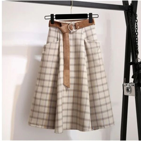 Rock mit Gürtel Tartan Rock Damen Vintage langes HighWaist A-Linien-Kleid Damenröcke Mujer Faldas Saias Mulher