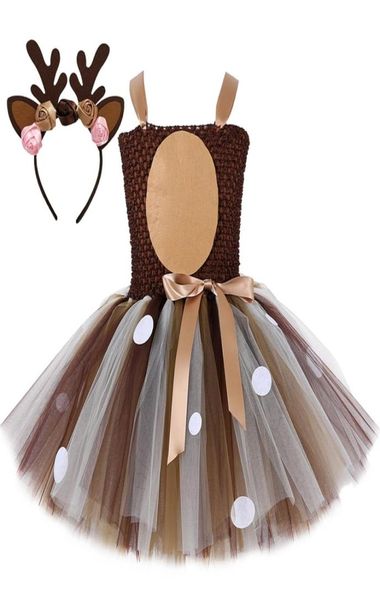 Costumi da cervo per ragazze Abito natalizio per bambini Costumi di Halloween Renna Abito tutù in tulle Compleanno Abiti da principessa Marrone 22023397214