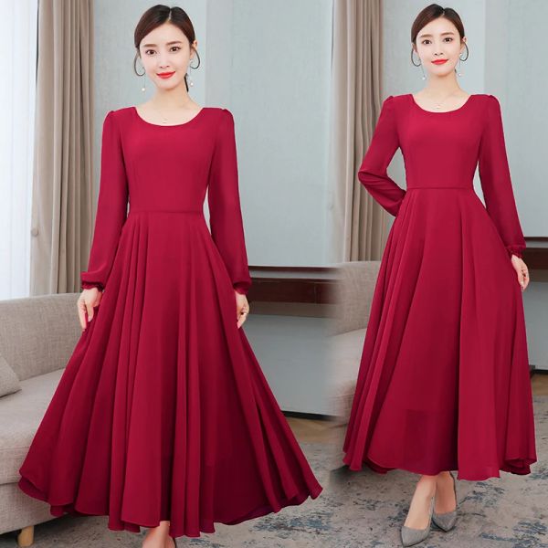 Kleid TingYiLi Oneck Gürtel Chiffon Langes Kleid Frauen Frühling Herbst Langarm Rot Schwarz Kleid Urlaub Strand Big Swing Boho Kleid