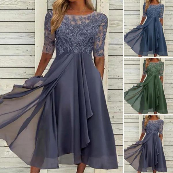 Abito 80% HOTOcollo Mezza manica Orlo fluido irregolare Abito da damigella d'onore Elegante pizzo all'uncinetto Chiffon Patchwork Abito longuette ospite Donna Clo