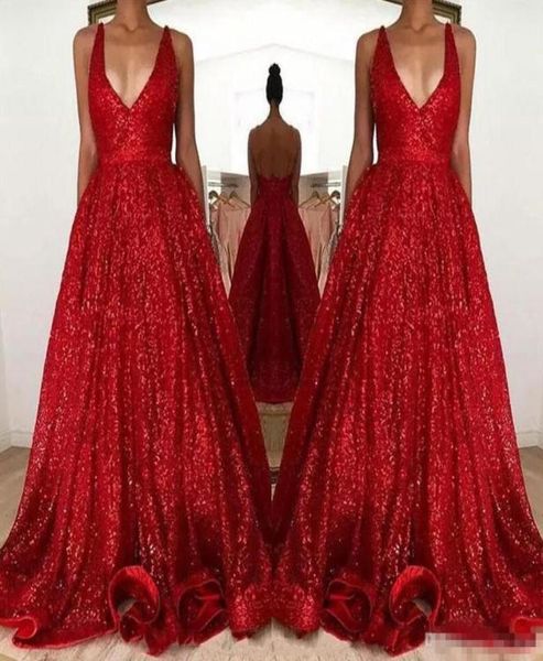 Sexy vermelho brilhante lantejoulas vestidos de baile longo profundo decote em v sem mangas sem costas uma linha barato vestidos de festa à noite 4106303