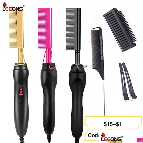 Alisadores de cabelo Leeons Black Comb Straightener Flat Ferro Elétrico Aquecimento Molhado e Seco Curler Straight Styler Curling 230323 Drop D Dhzqp