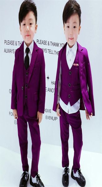 Сплошной фиолетовый детский пиджак, качественный свадебный костюм с цветочным узором для мальчика, комплект одежды для малышей, комплект одежды из 4 частей, куртка с галстуком, жилет, брюки, детский формальный костюм260P4569740