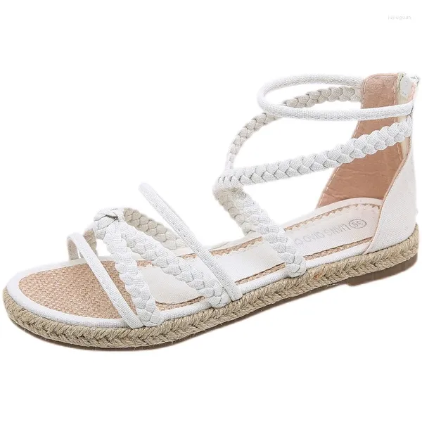 Sandálias Coreanas Verão Bohemian Cross-Strap Tecido Linho Flat Roman Sapatos Mulheres Gladiador Alpercatas Lona