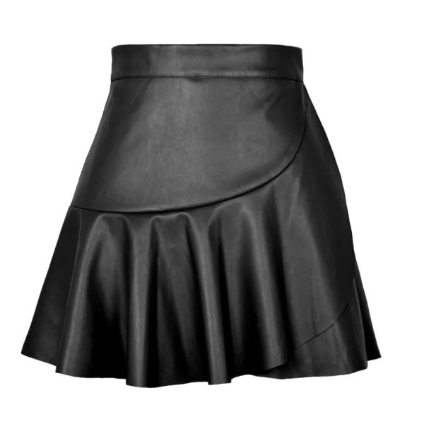 Skirt Nuovo in primavera Summer High Waist Ruffled Irregular PU Leather Skirts for Women 2023 Sexy Office Lady Club Black Mini Gigia