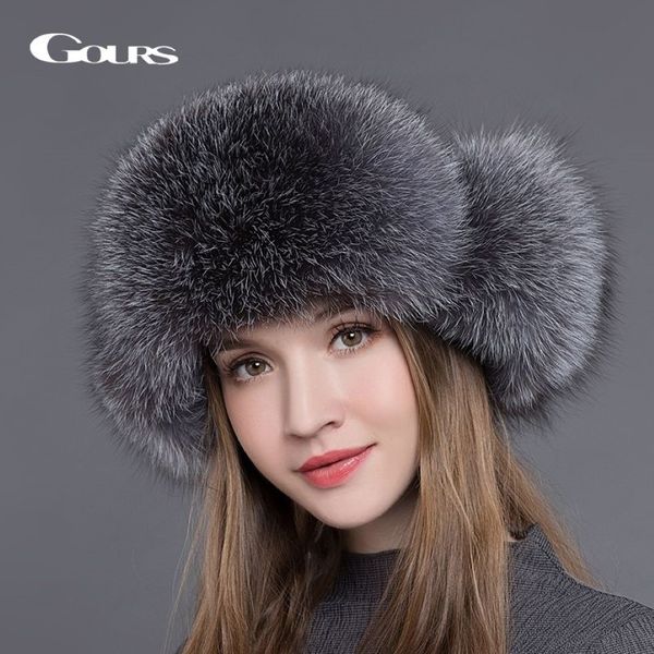 Gours Cappello di Pelliccia per Le Donne Naturale Pelliccia di Volpe di Procione Russo Colbacco Cappelli Inverno Spessa Orecchie Calde Moda Bomber Cap Nero Nuovo Arrivo L2264