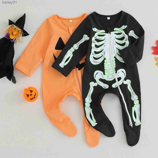 Footies Pudcoco Bebê Meninas Meninos Footies Macacão Roupas de Halloween Abóbora Rosto/Esqueleto Padrão Manga Longa Criança Outono Bodysuits 0-18M YQ240306