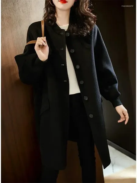 Trench da donna Colletto da baseball casual Lana imitazione per le donne Moda coreana Giacca nera sottile Capispalla di base Autunno Inverno 2024