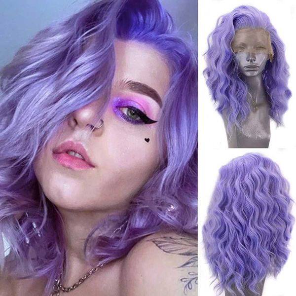 Haarperücken, kurzer Bob, lila Farbe, synthetische Perücken, lockere Locken, gewellt, freier Teil, Wärmefaser-Spitze-Front-Perücke, Frauen tragen Cosplay-Make-up 240306