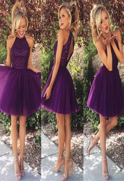 Elegante frisado halter roxo vestido de baile uma linha aberta volta tule curto baile de formatura vestido de festa 8th grade meninas vestidos de formatura9625232