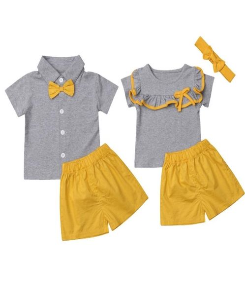 Sommer Geschwister Passende Kleidung Neugeborenes Baby Schwester Bruder SetS Kurzarm T-Shirt Gelbe Shorts Zwillinge Outfits A0145 Y2007135638746