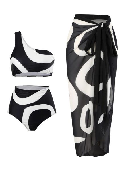 Badebekleidung Schwarzweiß gedruckter Split Badeanzug Zweiteil sexy ein Schulterbikini 2023 Frauen hoher Taille Brasilianer mit Stranddeckel Rock
