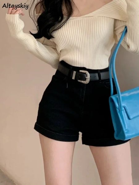 Shorts preto feminino fino vintage denim chique escritório senhora roupas estilo coreano básico allmatch verão cintura alta venda quente calças