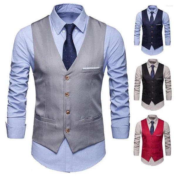 Herrenwesten Männer Anzug Vest Elegant Slim Fit Business für V-Neck-Weste mit Taschen formelles Bräutigam Hochzeitsmantel Anti-Falten-Silky