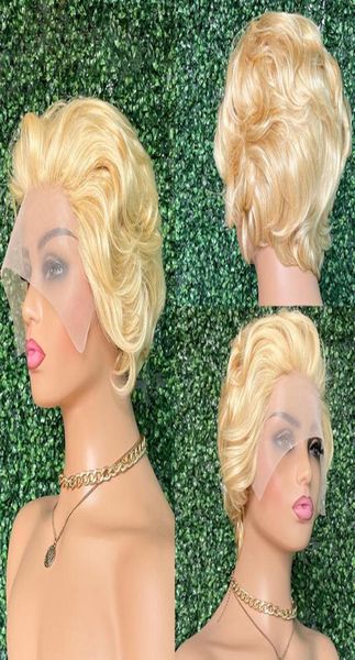 13x1 Dantel Pixie Cut Brezilya Kadınlar İçin Glueless İnsan Saç Perukları Vücut Dalgası 613 Sarışın Kısa Bob Wig2999652