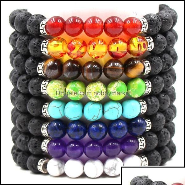 Perlen Perlen Stränge Armbänder Schmuck Chakra Lava Rock Für Männer Frauen Natürlicher Heilkristall Nce Stein Tigerauge Perlen String Ketten Dhao0