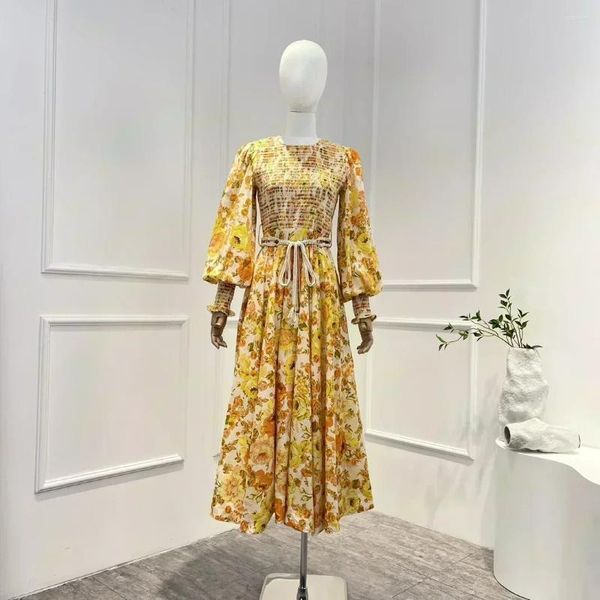 Abiti casual 2024 Abito longuette da donna con maniche lunghe a lanterna arricciate con stampa floreale in cotone primavera estate di alta qualità giallo