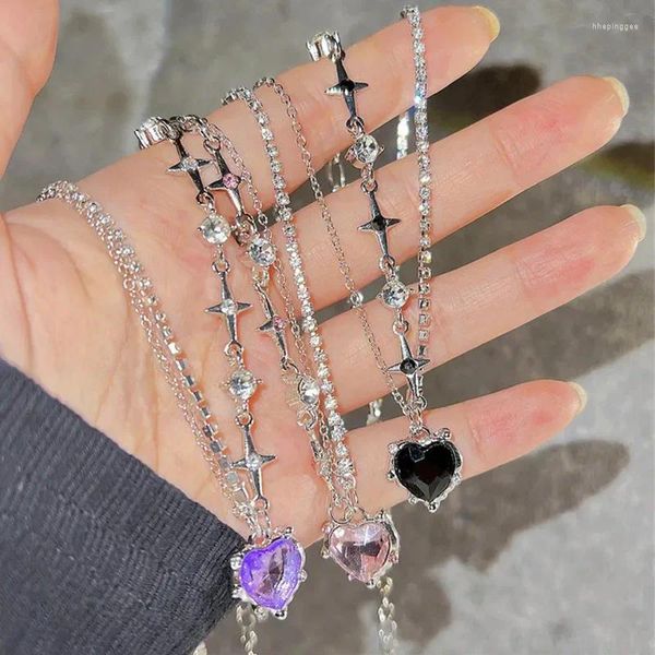 Collana Orecchini Set Collane con pendente a cuore in cristallo rosa Anelli Bowknot per donne Ragazze Y2k Kpop Dolce fresco Dito aperto Regalo di gioielli per feste