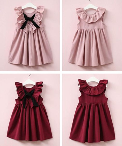 Sevimli Bebek Kızlar Yaz Sundress Bowknot Kısa Mini Yelekli Kızılayken Çocuk Çocuklar Pamuklu Elbiseler Kolsuz Kıyafet Kırmızı Pink7576659