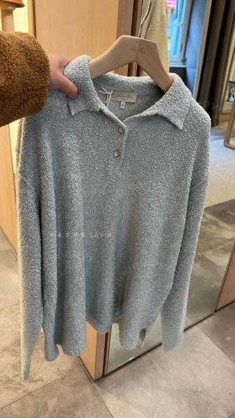 Suéter feminino primavera loro piano casual azul claro lapela manga comprida cashmere tricô top