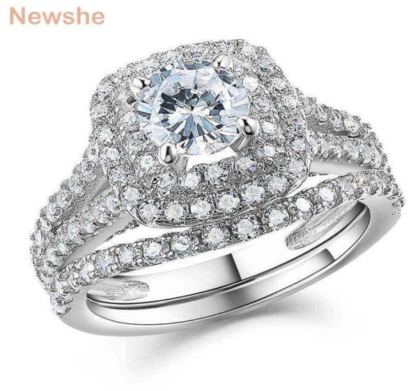 Newshe 2 peças feminino039s conjunto de anel de noivado de casamento 925 prata esterlina 2ct redondo criado azul safira branco cz tamanho 413 x22021540590