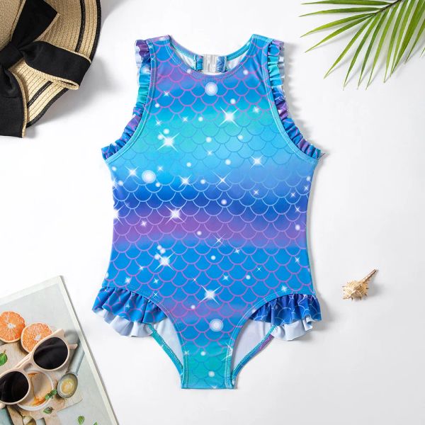 Bademode Blau Glänzende Meerjungfrau Kinder Badeanzug Einteiler Baby Mädchen Fischschuppen Druck Bademode 2023 Beachwear Badeanzug