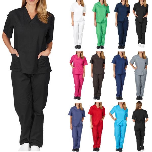 Ternos vneck enfermagem esfrega uniformes salão de beleza spa pet grooming instituição roupas trabalho cor sólida manga curta topos calças ternos médicos