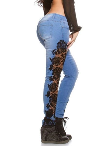 Calças de brim femininas primavera outono elegante sexy denim lápis jeans magros rendas floral crochê oco jeans casual jeans impressão
