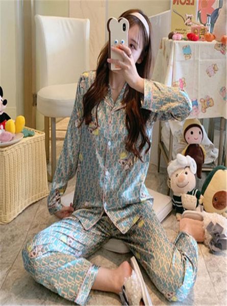 Sonbahar Bahar Çift Pijamalar Erkek Kadın Seksi Saten İpek Pijama Pantolon Setleri Mavi Uzun Sesli Pijama Lounge Setleri Sovalar Çiçek Printe5226535