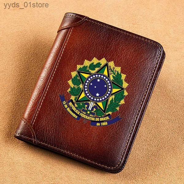 Clipes de dinheiro de alta qualidade carteiras masculinas de couro genuíno Repblica Federativa do Brasil Impressão Titular de cartão curto carteira Billfold Mens Wallet L240306