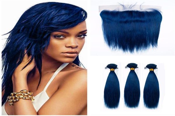 Pacotes de cabelo humano reto azul escuro com fechamento frontal de renda 9a cabelo azul 3 pacotes com renda frontal malaio cabelo virgem weft4327529