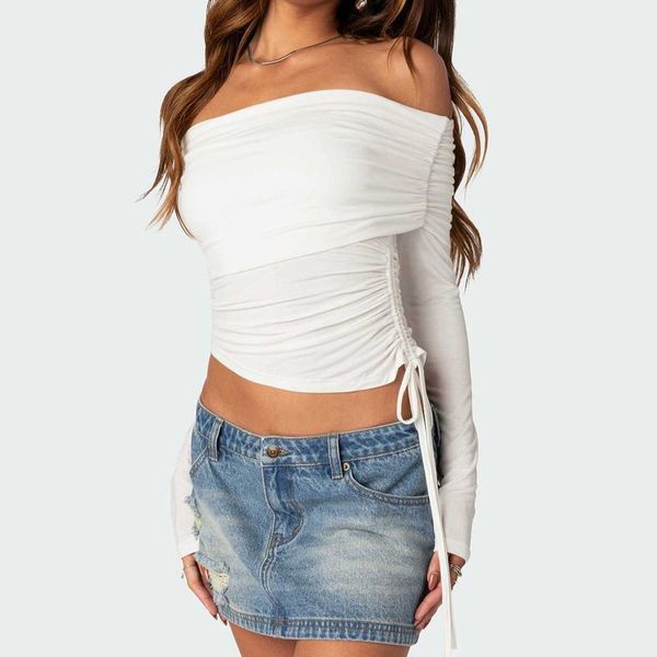 Vestidos Casuais Básicos Cat Go Outer Single edi Pure Yuan Sexy Branco Uma Linha Pescoço Fora Do Ombro Manga Comprida Top Spicy Girl Slim Fit Camiseta Curta