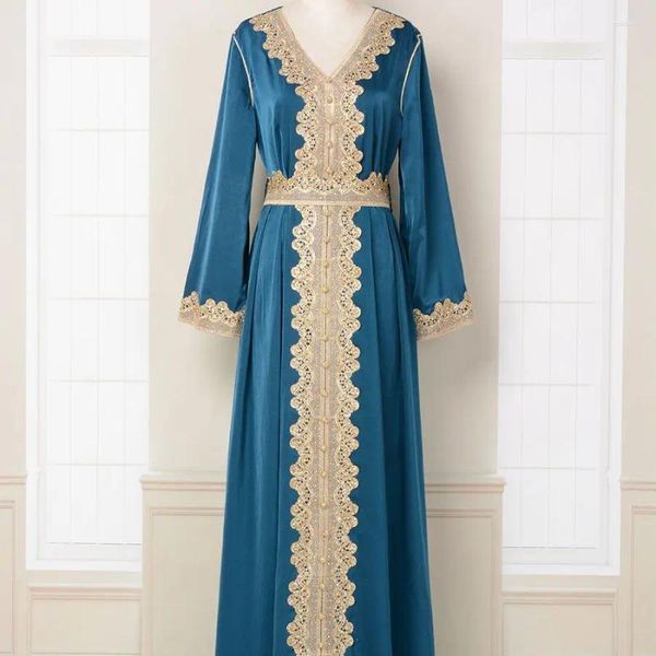 Ethnische Kleidung Damen Abaya bestickte Spitze Mode V-Ausschnitt Kleid Gürtel grün/blau langer Rock