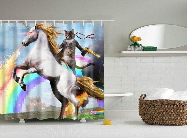 Avventure di alta qualità di Unicorno e gatto Tende da doccia stampate Prodotti per il bagno Arredamento per il bagno con ganci Impermeabile T2006248110454