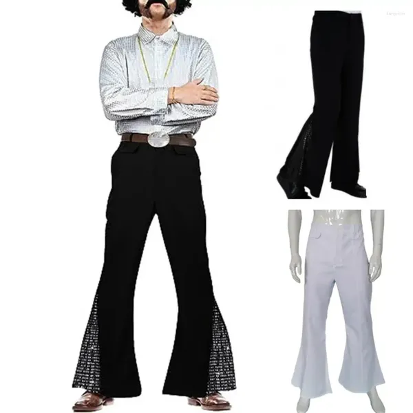 Calças masculinas botão zip encerramento calças homens bell-bottom brilhante lantejoulas flared hem hippie traje para 60s 70s halloween