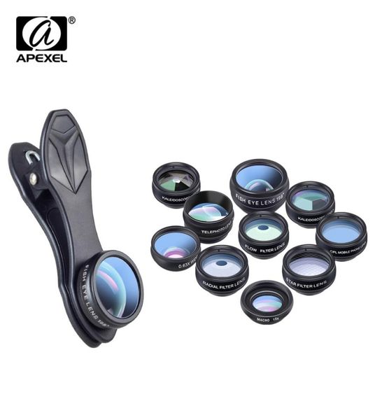 APEXEL 10 em 1 Kit de câmera de telefone Fisheye Grande Angular macro CPL Filtro Caleidoscópio e 2X telescópio para smartphone lens1970692