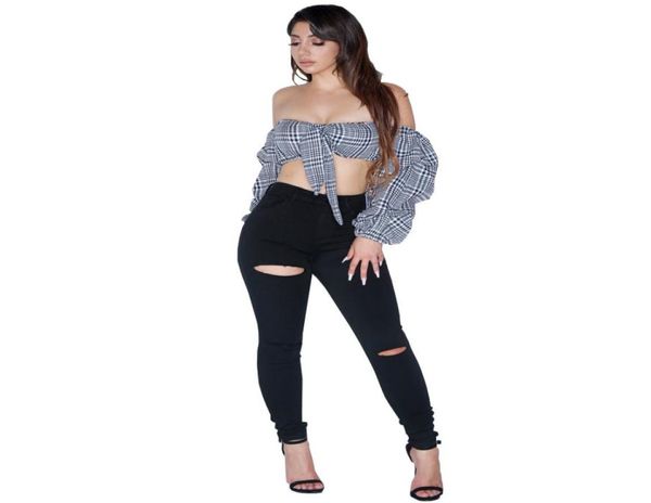 Novas mulheres calças de brim de ajuste fino rasgado buracos meninas calças de tecido elástico vintage preto jeans para female9282485