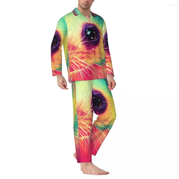 Мужская одежда для сна, пижамы, мужские красочные хорьки для сна, милый животный принт, повседневный комплект из 2 предметов, домашний костюм большого размера Kawaii с длинными рукавами