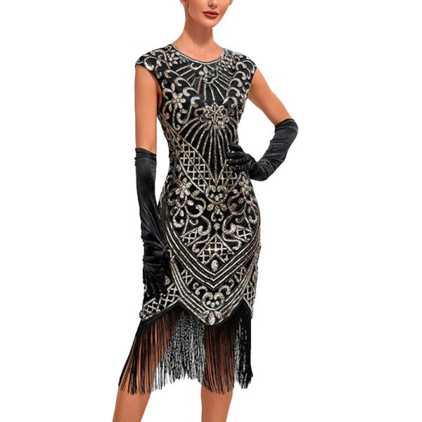 Kleid, knielang, Flapper-Partykleid, Quasten am Saum, Pailletten, Cocktailkleider, Accessoires, Kostüm-Set, Vintage-Midikleid von Great Gatsby