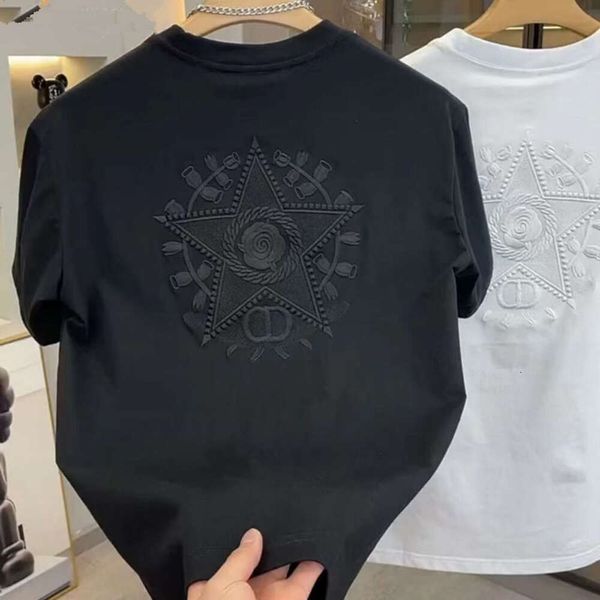 2023 Estate New Heavy Industry Ricamato Girocollo T-shirt Coreano Fit Mezze maniche elastiche Versatile Casual Top da uomo