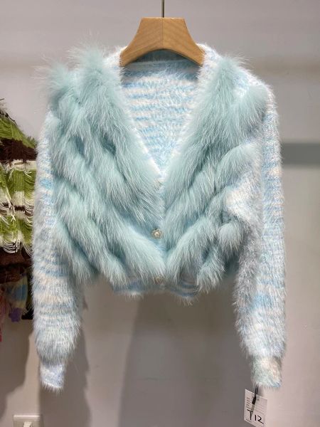 Новое поступление 2023 года, весенний женский сине-зеленый свитер из натурального лисьего меха, осенняя вязаная куртка из натурального меха