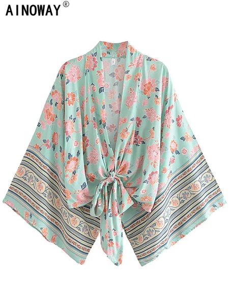 Cover-up vintage chique boho kimono curto robe maiôs feminino verde floral batwing mangas rayon boêmio biquíni cobrir ups beachwear