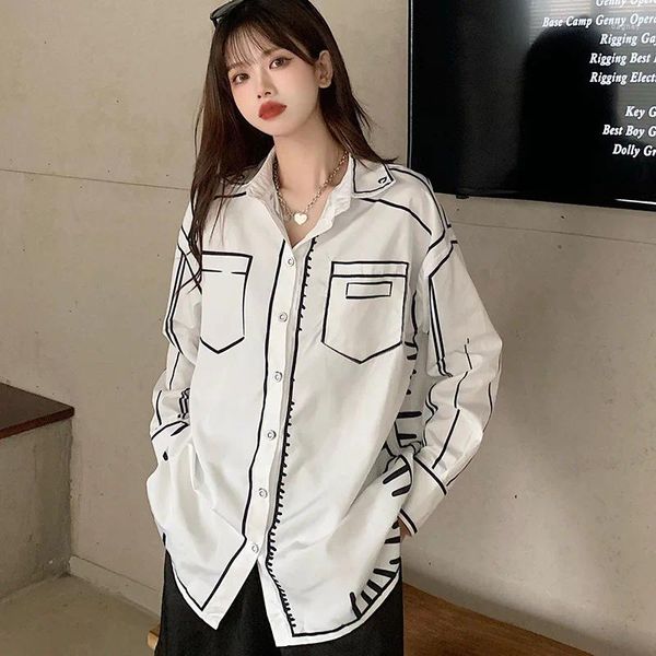 Blusas femininas blusas mujer de moda 2024 manga longa lapela camisa impressa branco feminino topo graffiti camisas primavera blusa femme masculino