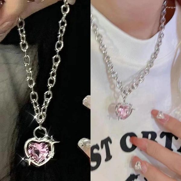 Correntes Kpop Rosa Coração Pingente Colar Punk Brilhante Strass Estrela Assimétrica Corrente para Mulheres Pescoço Y2K Jóias