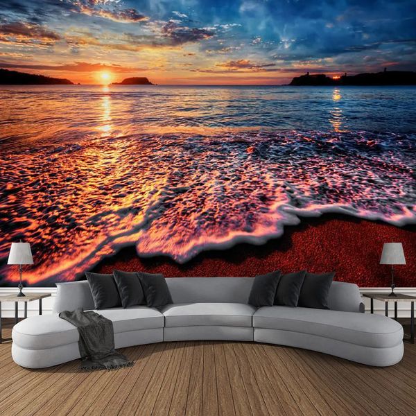 Verão paisagem praia pôr do sol mar onda tapeçaria pendurado na parede impresso grande tapeçaria estética dormitório interior quarto decoração 240304